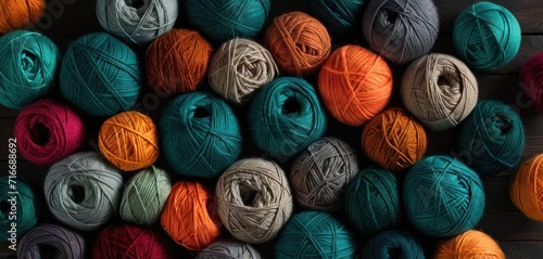  a pile of balls of yarn sitting on top of a wooden floor next to a pile of orange, blue, and green balls of yarn on top of wood.