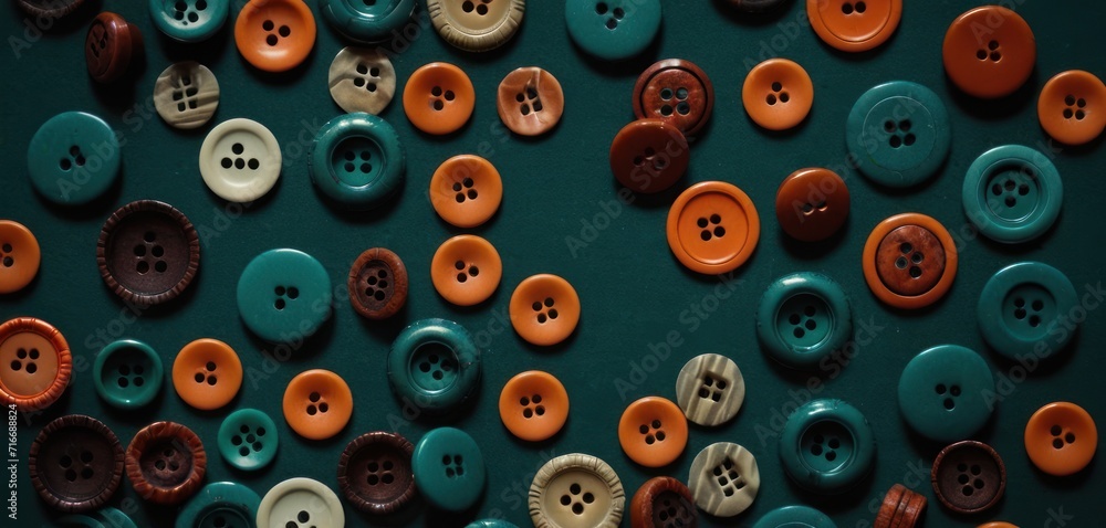 a close up of a bunch of different colored buttons on a green surface with white and orange buttons on the top of the buttons and bottom of the buttons on the bottom of the buttons. a close up of a bunch of different colored buttons on a green surface with white and orange buttons on the top of the buttons and bottom of the buttons on the bottom of the buttons.