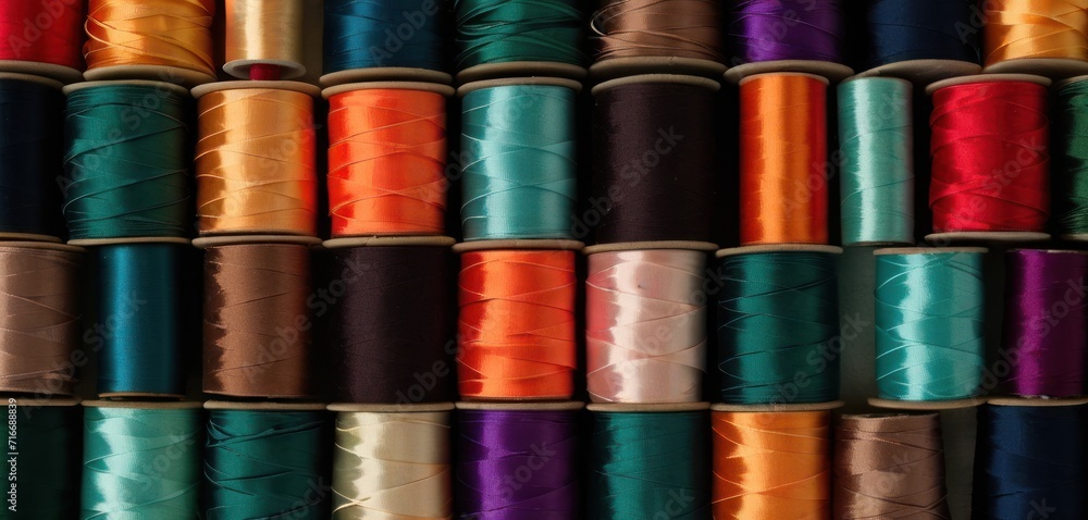 a bunch of spools of thread sitting on top of each other on a shelf in front of a bunch of other spools of spools of spools. a bunch of spools of thread sitting on top of each other on a shelf in front of a bunch of other spools of spools of spools.