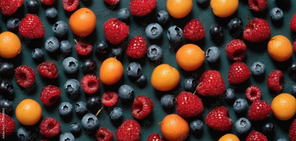 blueberries, raspberries, oranges, and strawberries are arranged in a pattern on a green surface with red raspberries, blueberries, oranges, and blueberries. blueberries, raspberries, oranges, and strawberries are arranged in a pattern on a green surface with red raspberries, blueberries, oranges, and blueberries.