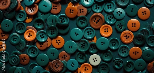  a group of orange and green buttons sitting on top of a dark green surface with a white button in the middle of the middle of the middle of the button. photo