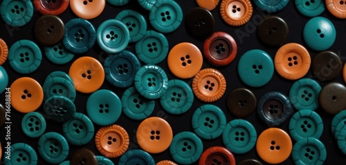  a close up of a bunch of different colored buttons on a black surface with one button facing the camera and the other facing the camera  with a black background.