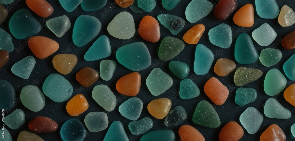 a close up of a bunch of different colored rocks on a black surface with a small amount of sea glass in the middle of the top right corner of the picture. a close up of a bunch of different colored rocks on a black surface with a small amount of sea glass in the middle of the top right corner of the picture.