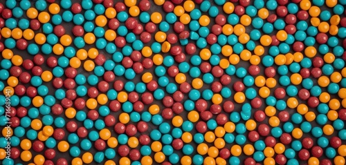 a close up of a bunch of candies with different colors of candies on top of one of the candies is red  orange  blue  yellow  and green.