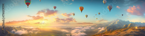 Hot air balloons flying above beautiful nature. copy space for your text. © Milan