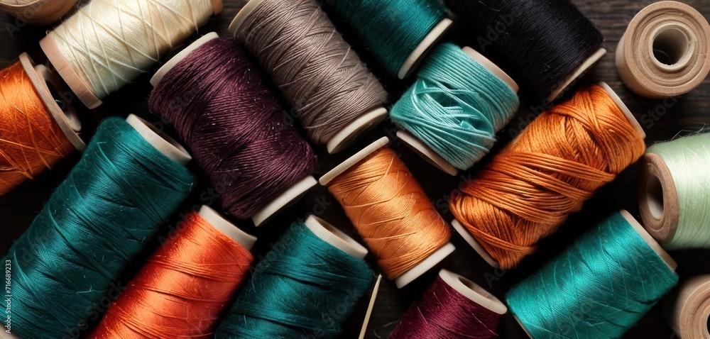 a group of spools of thread sitting on top of a wooden table next to spools of thread on top of each spool of each spool. a group of spools of thread sitting on top of a wooden table next to spools of thread on top of each spool of each spool.