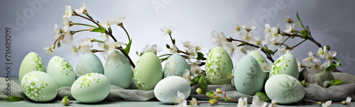 Osterdekor in Grüntönen mit Eiern und Zweigen photo
