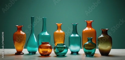  a group of different colored vases sitting on top of a white table next to each other on top of a white counter top with a green wall in the background.