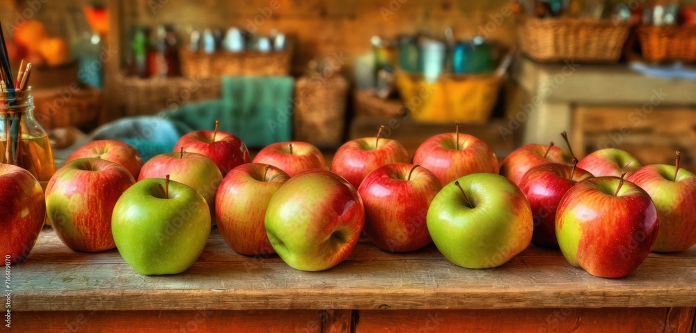 a bunch of red and green apples sitting on a wooden table next to a bottle of apple cider and a basket of apples on the side of the table. a bunch of red and green apples sitting on a wooden table next to a bottle of apple cider and a basket of apples on the side of the table.