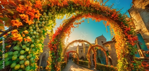  a colorful archway with vines and flowers on the side of the road in front of a building with a clock on the side of the road and a clock on the side of the road.