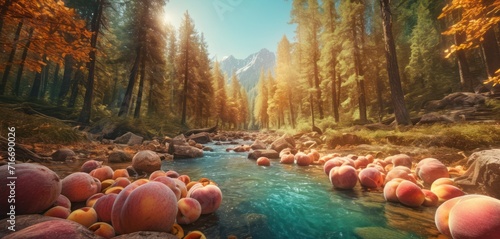  a river filled with lots of peaches sitting next to a forest filled with lots of tall trees and a forest covered with lots of tall, leaf covered trees.
