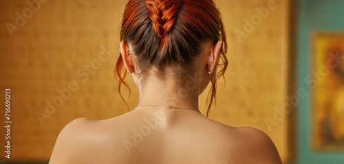  the back of a woman's head with red hair styled into a fishtail braid, in front of a painting of a woman's back and a wooden wall.
