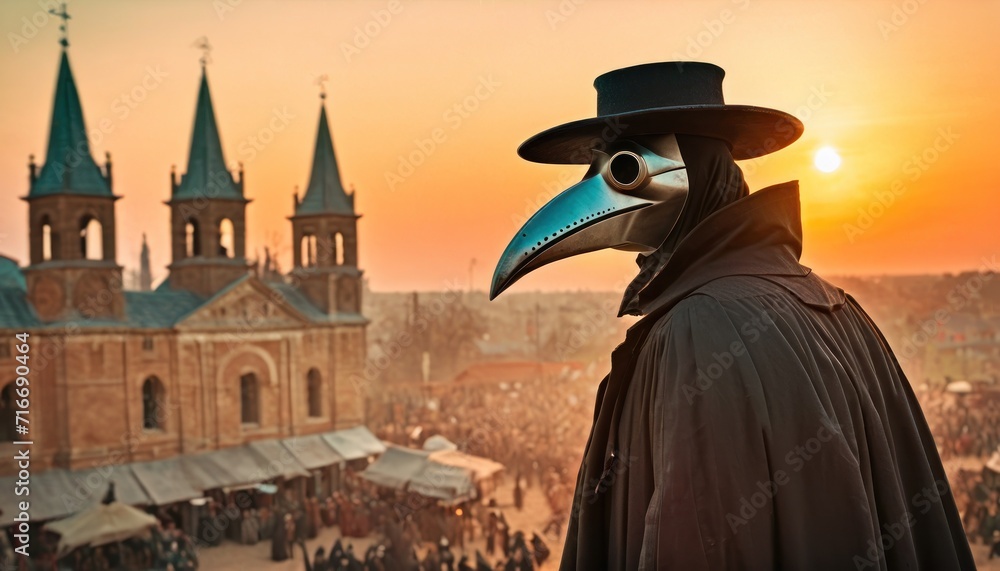  a man wearing a plague mask and a top hat stands in front of a crowd of people in front of a building with a clock tower at sunset in the background.