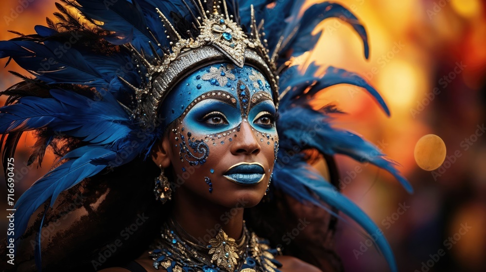 Carnival festival, Latin woman portrait traditional costume and feathers headdress