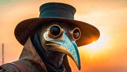  a man wearing a plague mask and a hat with a bird's head wearing a top hat and a plague's beak, with the sun in the background.