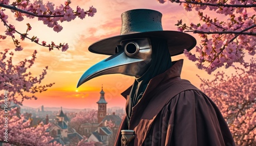 Photographie a man wearing a plague mask and a hat with a bird's beak in front of a pink blossomy tree with a clock tower in the background at sunset