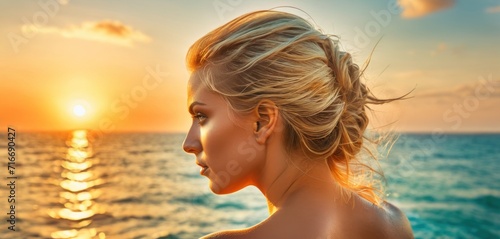  a woman standing in front of a body of water with the sun setting behind her and the ocean in the foreground with a line of clouds in the background.