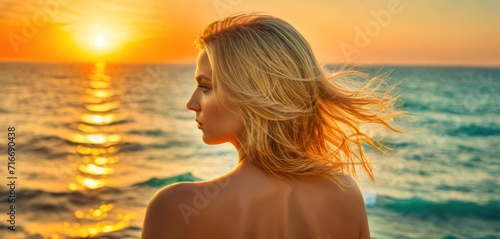  a woman standing in front of a body of water with the sun setting behind her and her hair blowing in the wind in front of a body of the ocean.