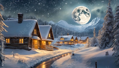 transparent bright big full moon reflection in snowy weather day; beautiful countryside winter 