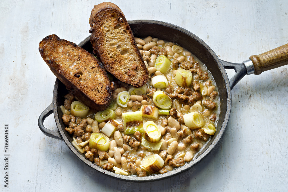 rustic beans stew with sausage and leeks