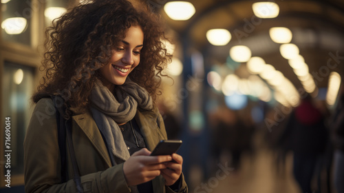 Young woman at train station with cellphone