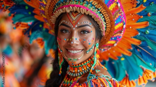 Carnival festival, Latin woman portrait traditional costume and feathers headdress