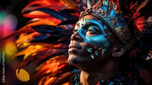 Carnival festival, Latin man portrait traditional costume and feathers headdress © Rawf8