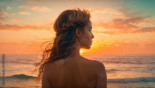  a woman standing in front of a body of water with the sun setting behind her and her hair blowing in the wind and the sun setting behind her back of her head.