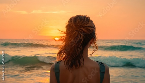  the back of a woman's head as she stands in front of the ocean with the sun setting in the sky and the waves crashing in the water behind her.