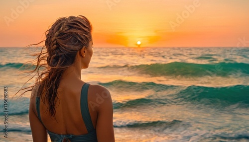  the back of a woman's head as she stands in front of a body of water with the sun setting in the distance behind her and a body of water. © Jevjenijs