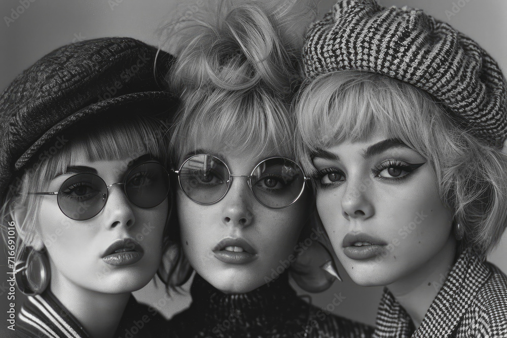 Obraz premium Vintage Inspired Fashion Trio of Young Women in Monochrome