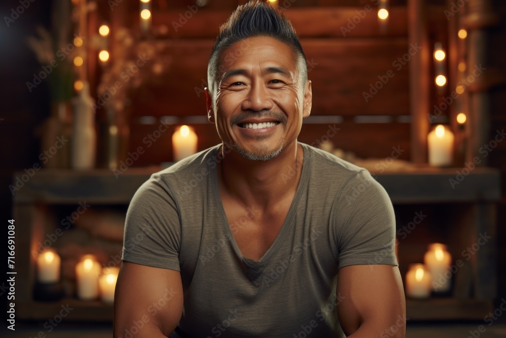 Portrait of a happy asian man in his 40s wearing a rugged jean vest against a serene meditation room. AI Generation Portrait of a happy asian man in his 40s wearing a rugged jean vest against a serene meditation room. AI Generation