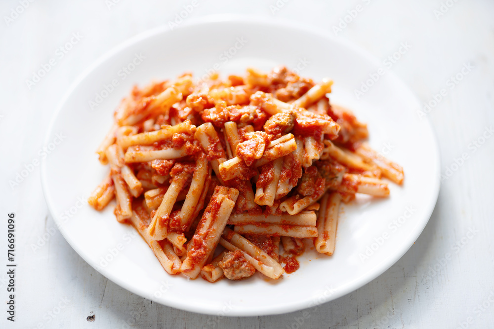 italian sausage cavatelli pasta in tomato sauce
