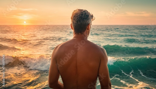  a man standing in front of a body of water with the sun setting behind him and the ocean in the foreground with a wave coming in the foreground.
