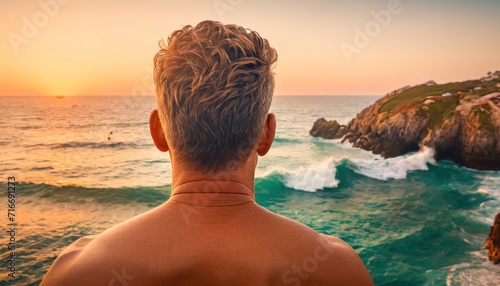  the back of a man's head as he stands on a cliff overlooking the ocean with a boat in the water and a rock outcropping in the distance. photo