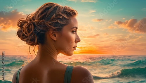  a woman standing in front of a body of water with a sunset in the back ground and clouds in the sky over the water and a body of water in the foreground.
