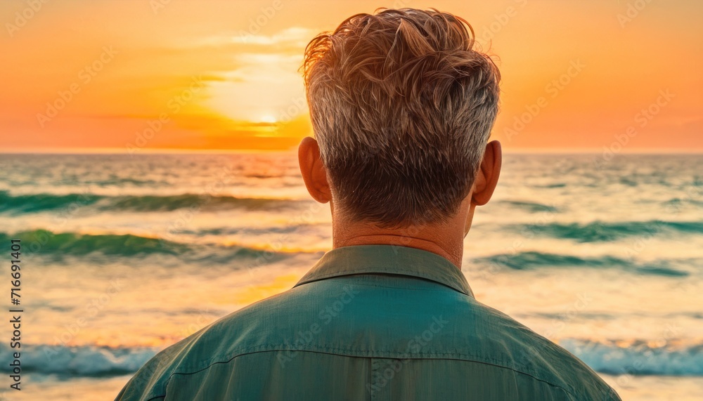  the back of a man's head as he stands on a beach with the sun setting over the ocean and waves coming in from the water and behind him. - obrazy, fototapety, plakaty 