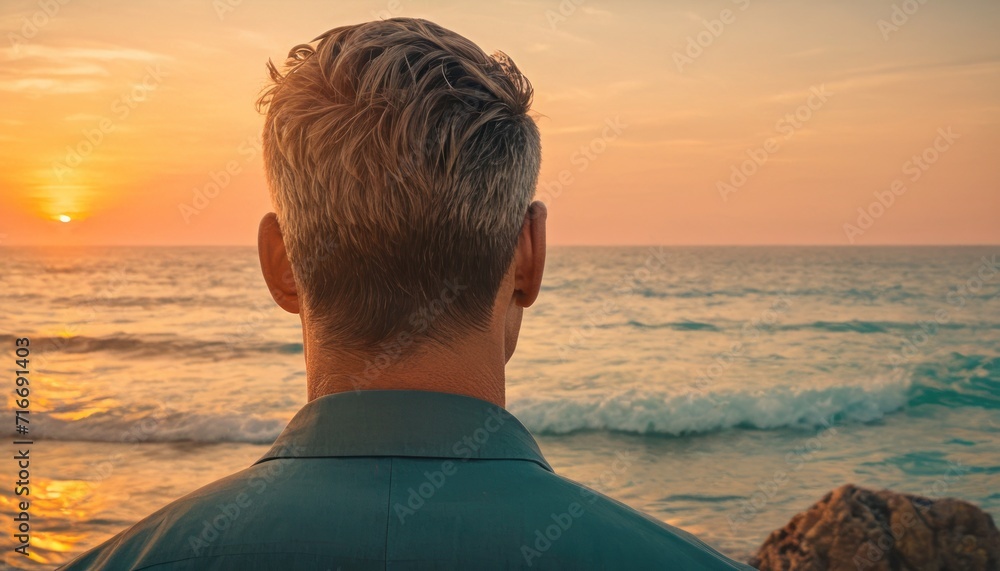  the back of a man's head as he looks out over the ocean at a sunset over a body of water with a wave coming in front of him.