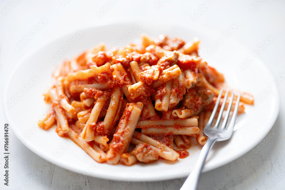 italian sausage cavatelli pasta in tomato sauce