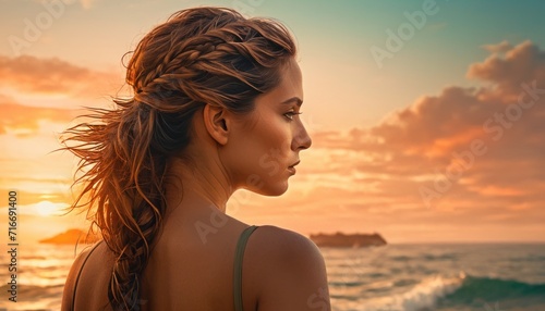  a woman standing in front of a body of water with a sunset behind her and a body of water in the foreground and a body of water in the background. © Jevjenijs