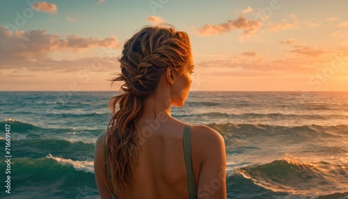  a woman standing in front of a body of water with a sunset in the back ground and clouds in the sky over the water and a body of water with waves in the foreground. photo
