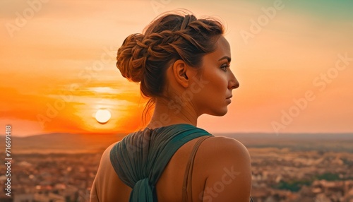  a woman standing in front of a sunset with her hair in a bun in the middle of her hair, looking off into the distance with a city in the distance.