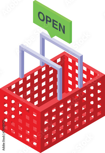 Open shop red basket icon isometric vector. Sign open mall. Door city food