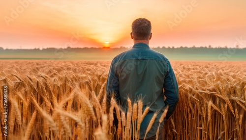  a man standing in a field of wheat watching the sun go down over a field of ripening wheat as the sun sets in the distance over the horizon behind him. © Jevjenijs
