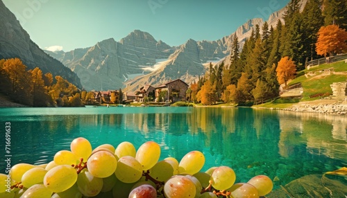  a bunch of grapes sitting on top of a tree next to a body of water with a mountain range in the background and a house on the other side of the lake. photo