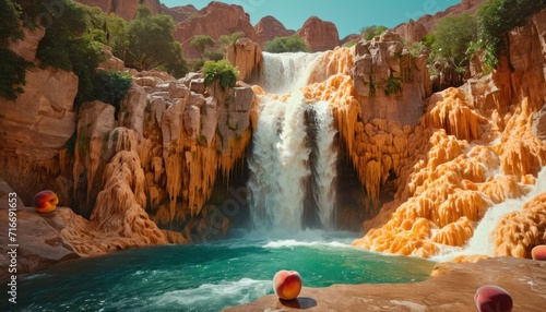  a painting of a waterfall in the middle of a body of water with orange rocks on the sides of the falls and trees on the other side of the falls. photo