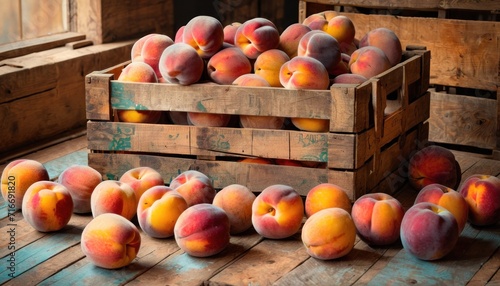  a crate filled with lots of peaches on top of a wooden floor next to a pile of crates of peaches on top of a wooden pallets next to each other crates.
