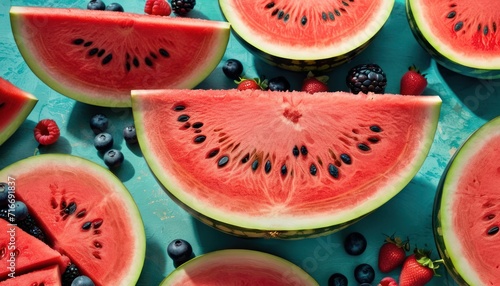  slices of watermelon  blueberries  and strawberries arranged on a blue surface with blueberries and strawberries in the middle of the watermelon.