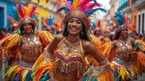 Carnival festival parade, Latin woman dancer in traditional costume and headdress