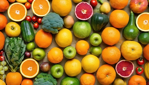  a table topped with lots of different types of fruits and vegetables next to oranges  apples  and cucumbers on top of each other fruits and vegetables.